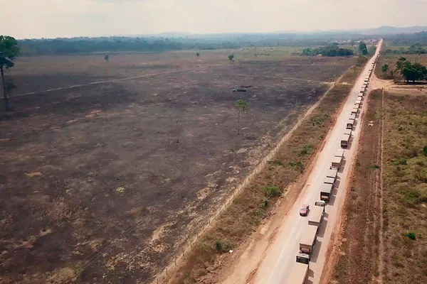 Vista del Amazonas desde un dron. Se ve un Amazonas desértico con una carretera de arena llena de camiones. 