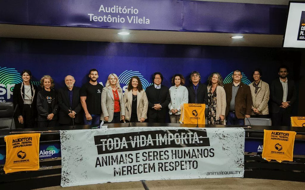Carla Lettieri, Directora Ejecutiva de Igualdad Animal en Brasil, con representantes de otras organizaciones en la audiencia pública.