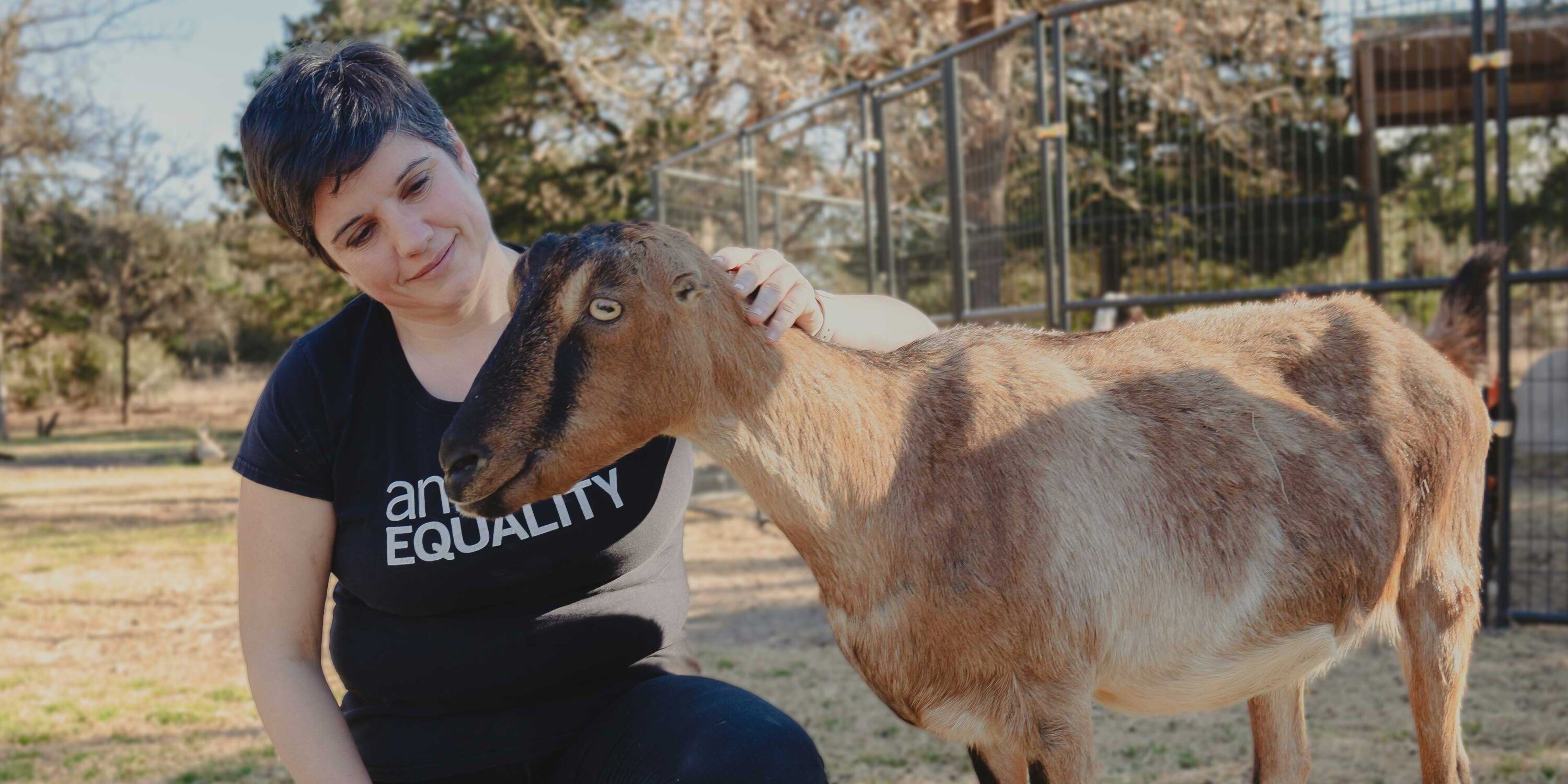 Sharon Nuñez, presidenta de Igualdad Animal, acariciando una cabra rescatada.