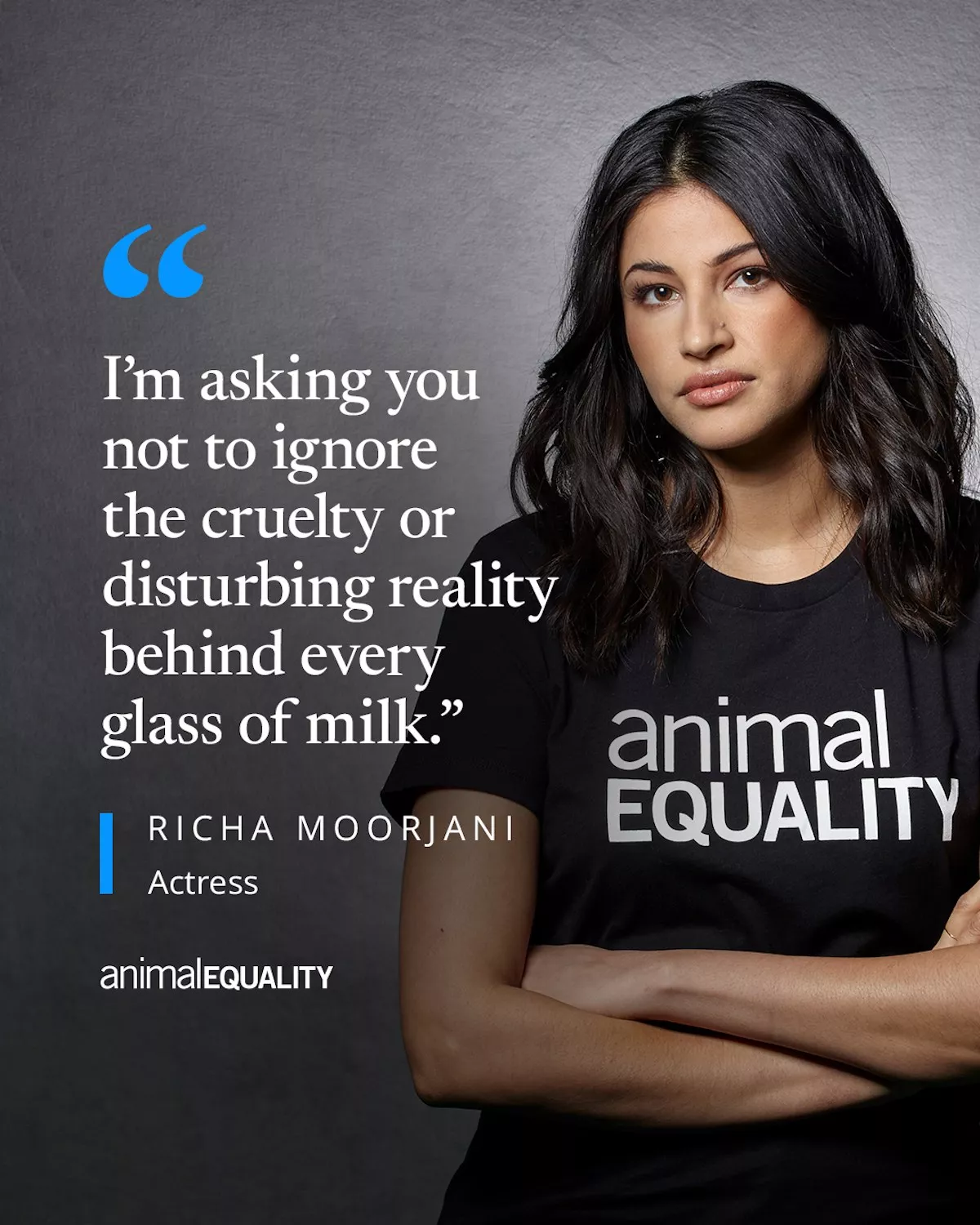 Richa Moorjani con camiseta de Igualdad Animal.