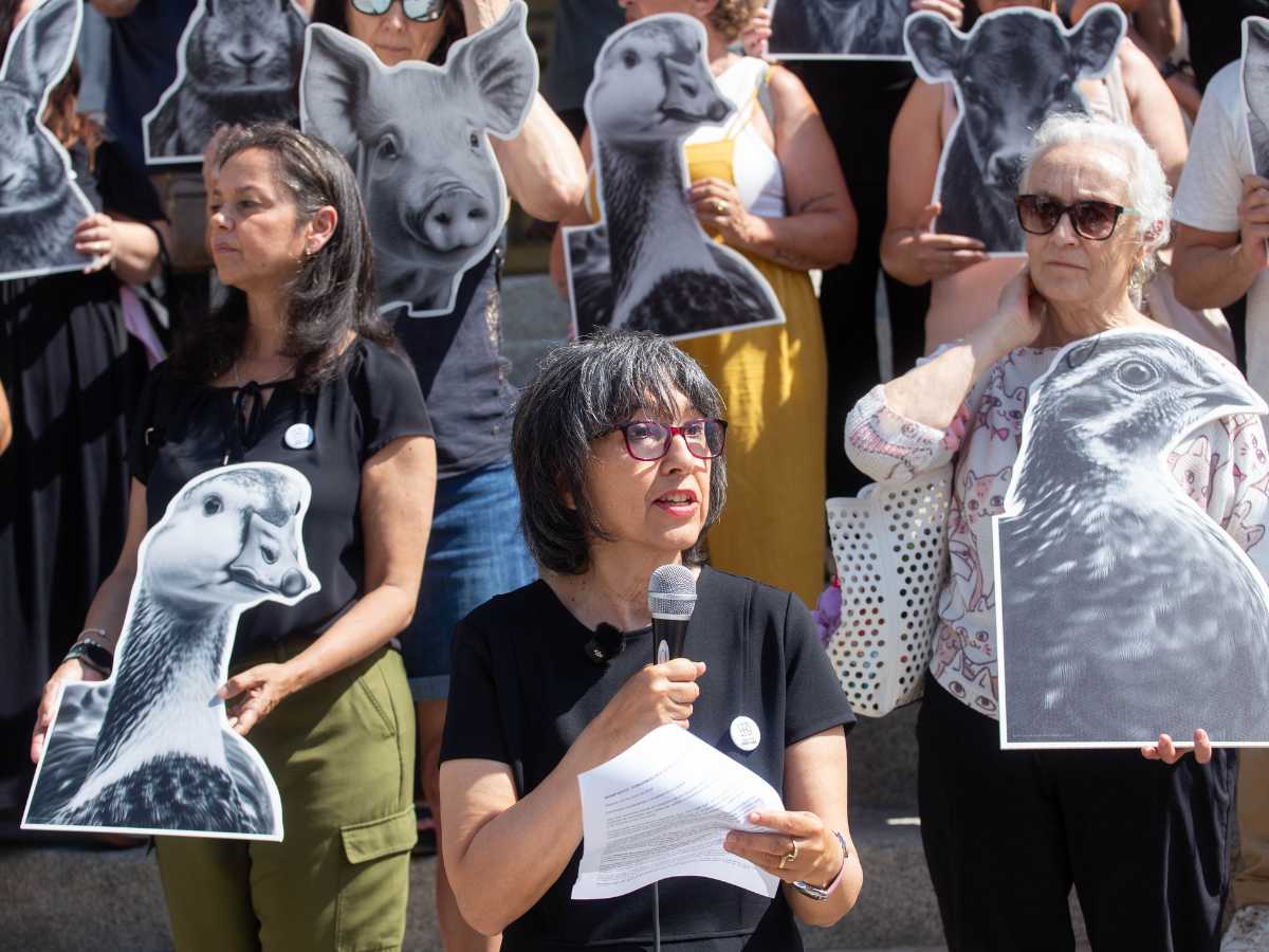 Annamaría Pisapia, portavoz de la coalición End The Cage Age lee el manifiesto.