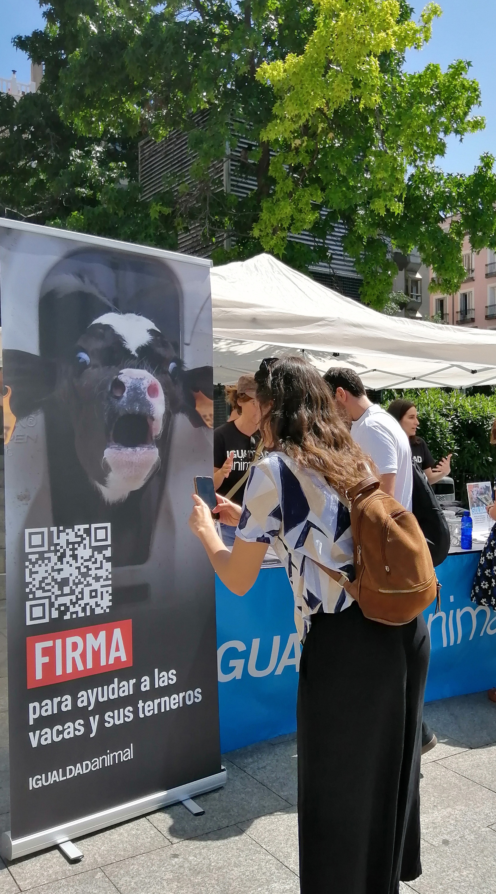 Varias personas miran la mesa informativa de Igualdad Animal