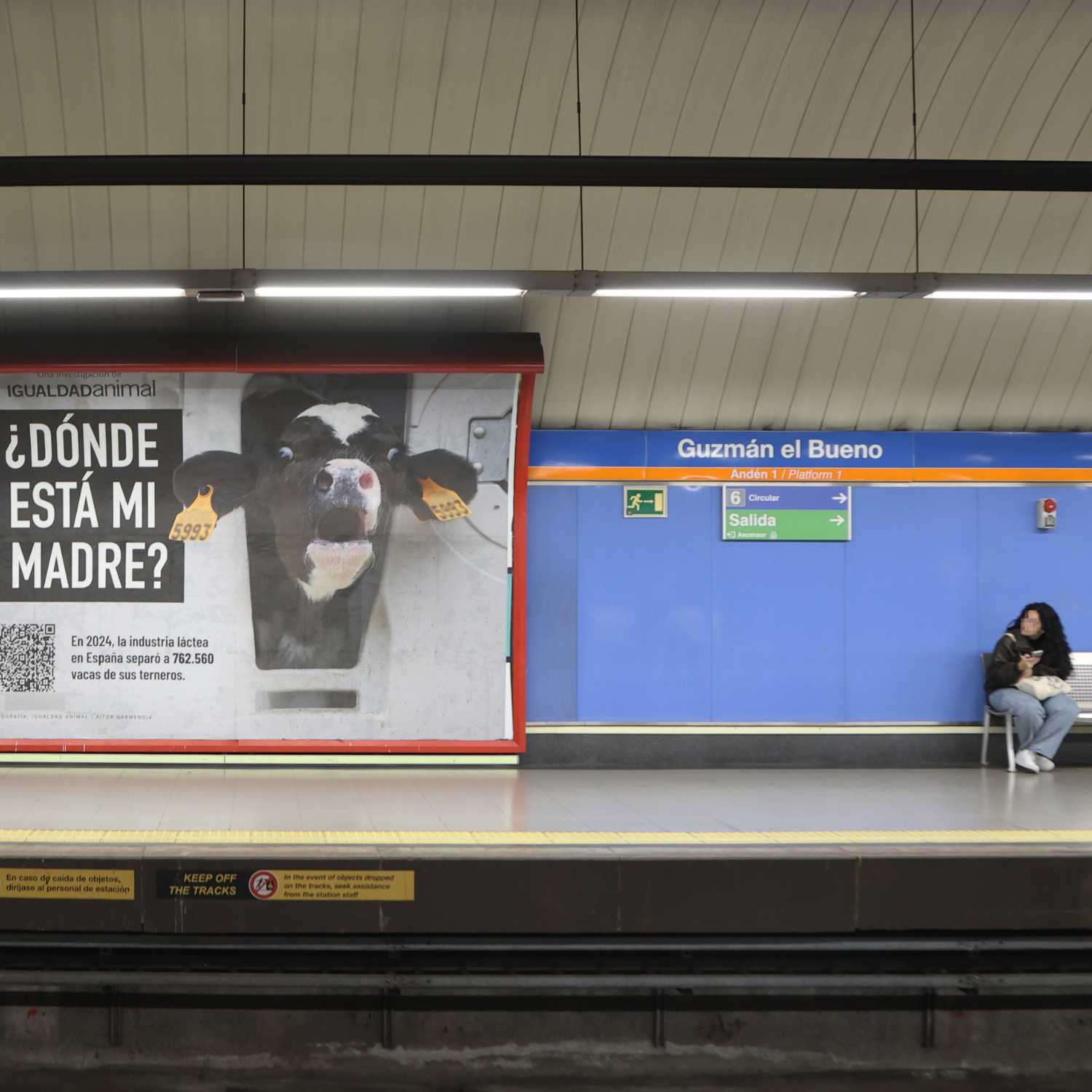 Mujer mira la valla publicitaria en el metro con la campña ¿Donde está mi madre de Igualdad Animal?
