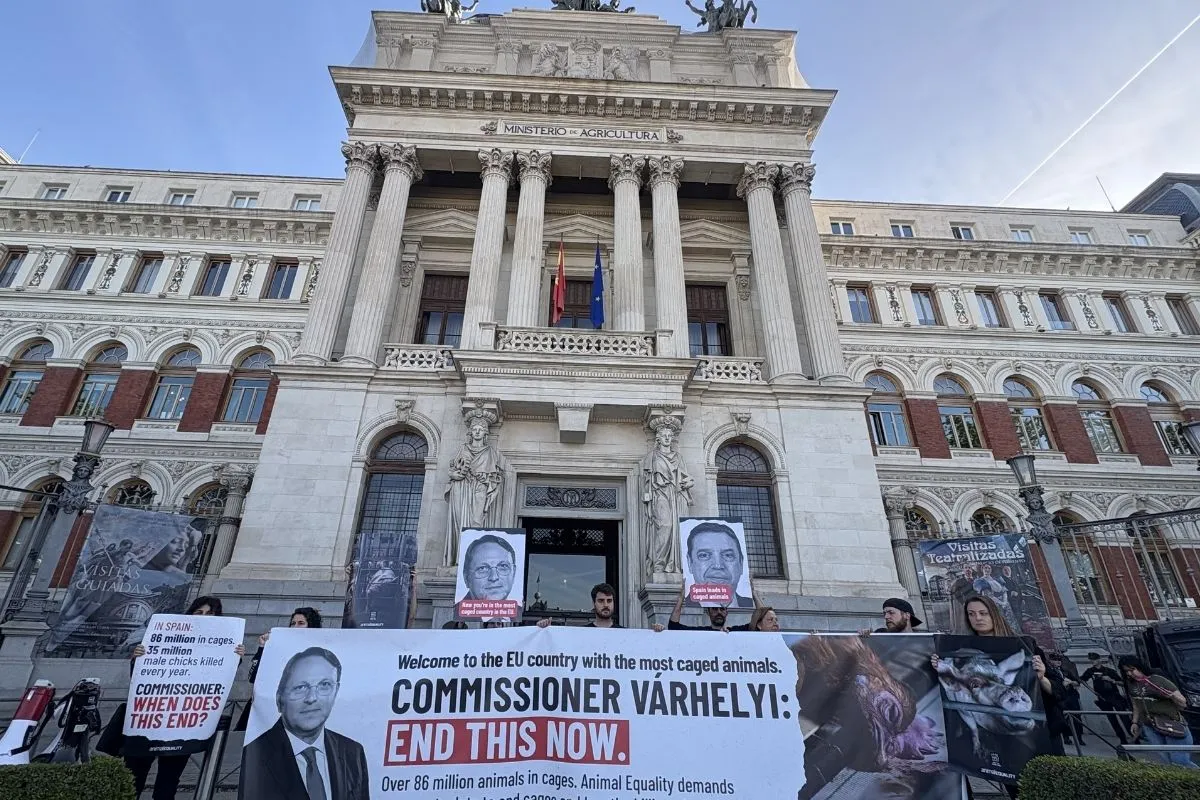 Noticia Igualdad Animal protesta ante el Ministerio de Agricultura con motivo de la visita a España del comisario de Salud y Bienestar Animal Olivér Várhelyi 
