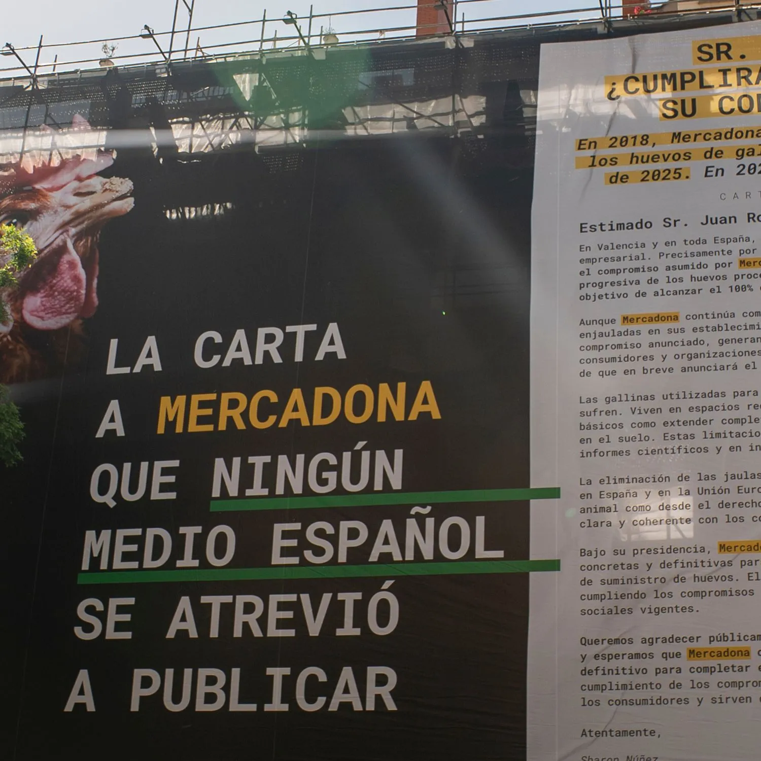 Lona gigante pide a Mercadona que elimine las jaulas para gallinas 1 Lona gigante pide a Mercadona que elimine las jaulas para gallinas