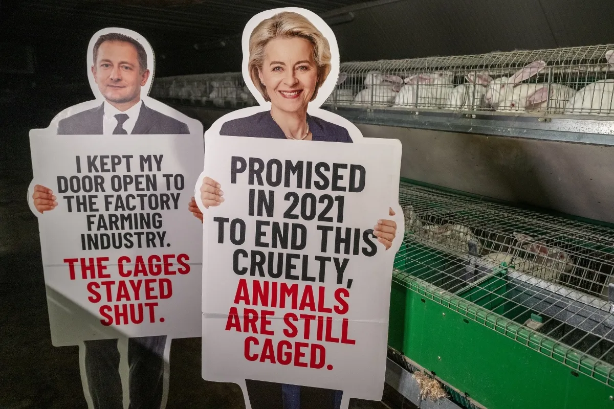 Siluetas de Christophe Hansen y Ursula von der Leyen en una granja con jaulas